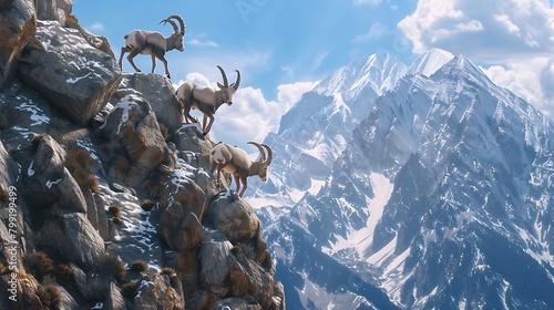 A group of agile ibex scaling a steep mountain cliff with snow-capped peaks in the background. photo