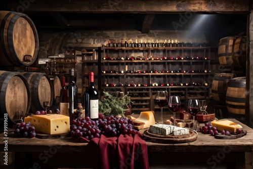 cellar wine tasting setup featuring rustic wooden table supporting several glasses of red wine