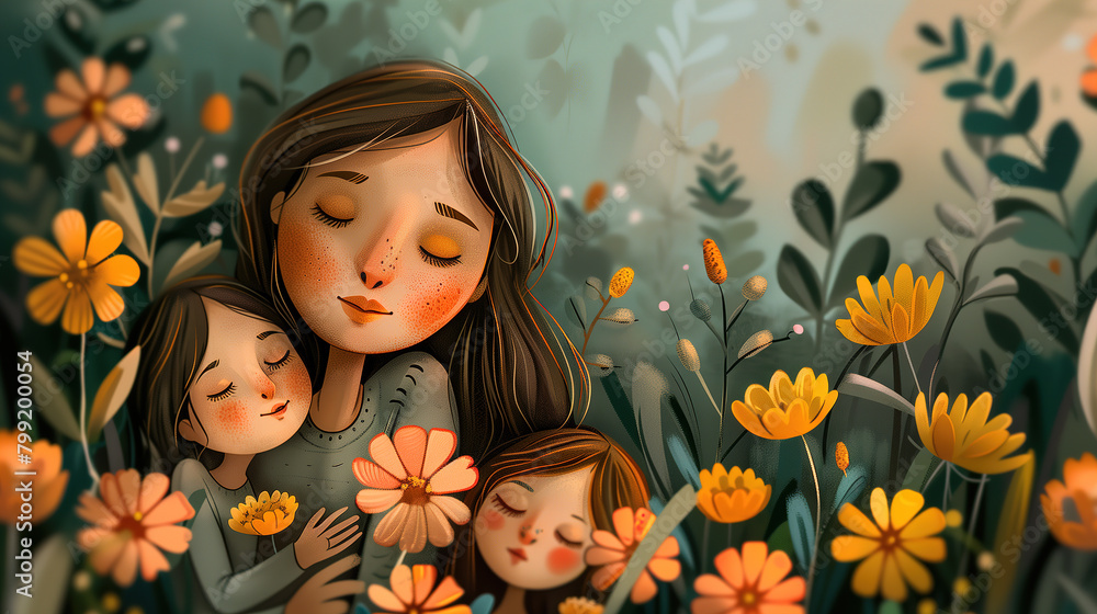 Mother and Two Children in Field of Flowers Mother and Two Children in Field of Flowers