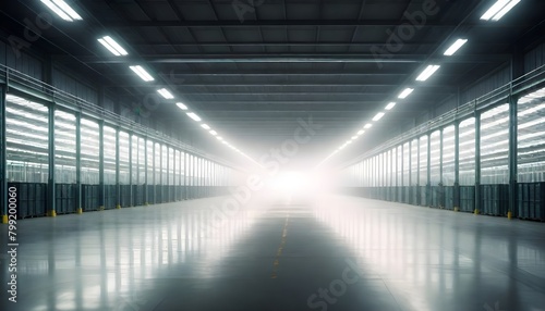 Large industrial warehouse with rows of fluorescent lights and a hazy  blurred background