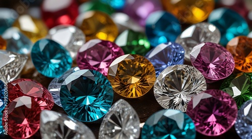 Close-up of a vibrant collection of faceted gemstones in various colors and sizes, sparkling luxury background