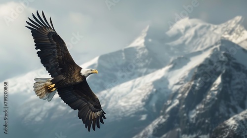 A magnificent bald eagle soaring high in the sky against a backdrop of snow-capped mountains.