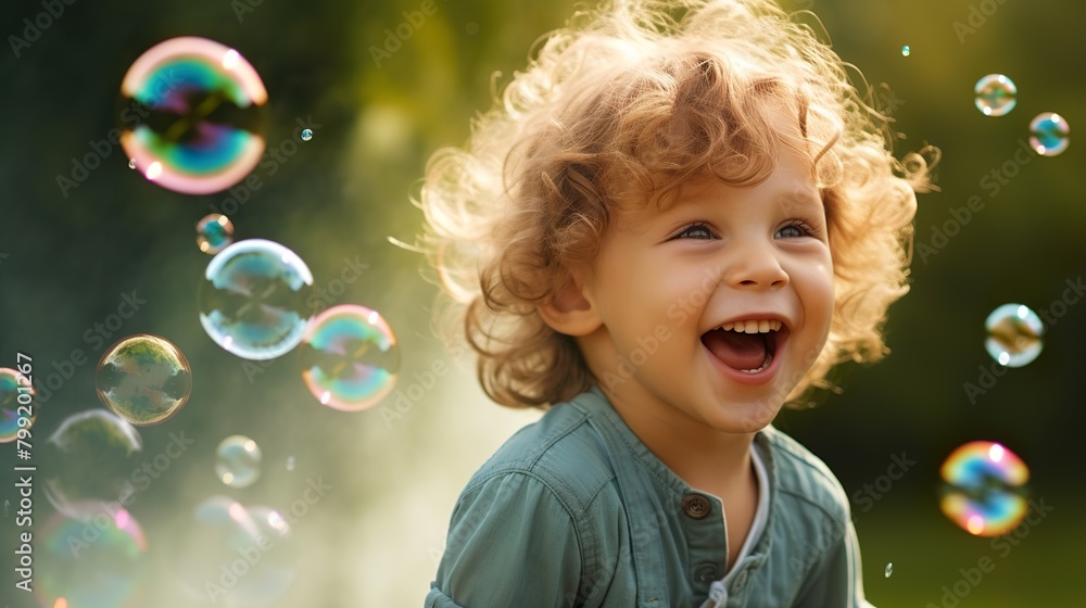 Portrait of a little happy child rejoicing with soap bubbles on a sunny meadow. Active children's summer holiday concept Portrait of a little happy child rejoicing with soap bubbles on a sunny meadow. Active children's summer holiday concept