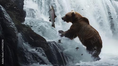 A majestic grizzly bear catching a leaping salmon in mid-air at the base of a powerful waterfall.