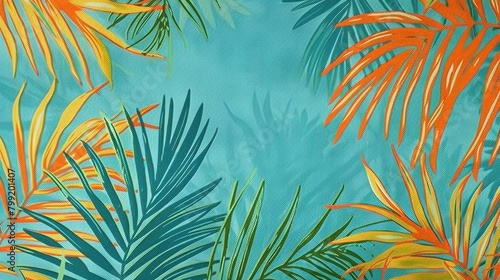 A lively mix of palm fronds in shades of teal lime green and tangerine creating a playful representation of the tropics..