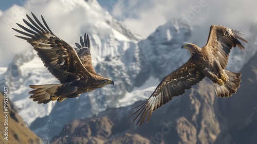 A pair of majestic eagles engaged in a mid-air courtship dance against a backdrop of rugged mountain peaks. photo