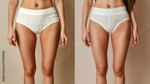 See the difference in a young woman's legs before and after treatment. Cellulite is reduced and skin is smoother after a combination of diet, exercise, and treatments. photo