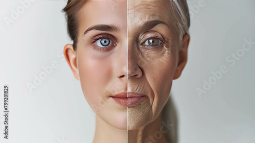 The picture shows a woman s face at different ages. On the left  she is young and her skin is clear. On the right  she is older and her skin has wrinkles. This shows the process of aging.