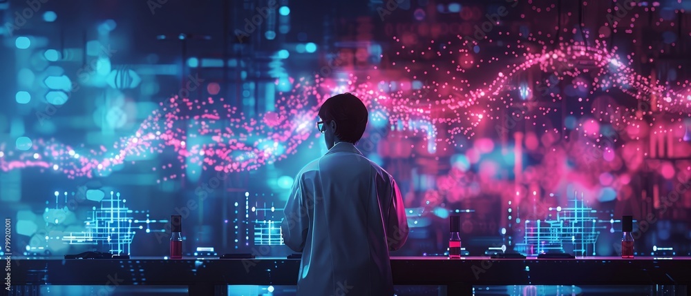The image shows a person standing in front of a large screen with a lot of data and graphs on it The image shows a person standing in front of a large screen with a lot of data and graphs on it