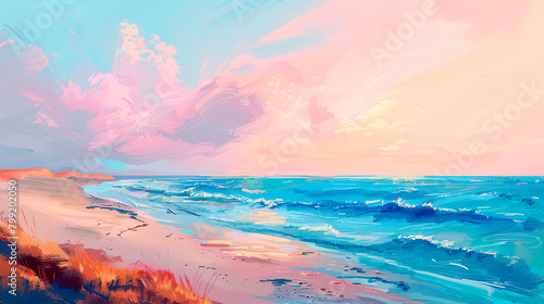 Illustration of a picturesque beach with sea waves