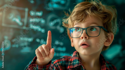 Smart boy schoolboy in glasses with his index finger raised up against the background of a school chalk board. Back to school banner