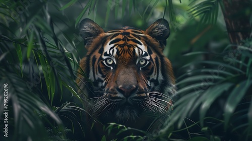 A regal Bengal tiger blending seamlessly into its lush jungle habitat  eyes focused and alert.