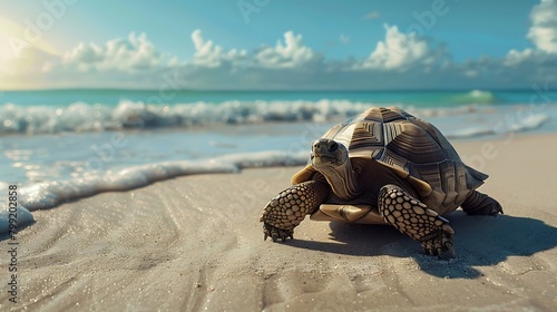 A serene image of a wise old tortoise slowly making its way across a sandy beach towards the ocean. photo