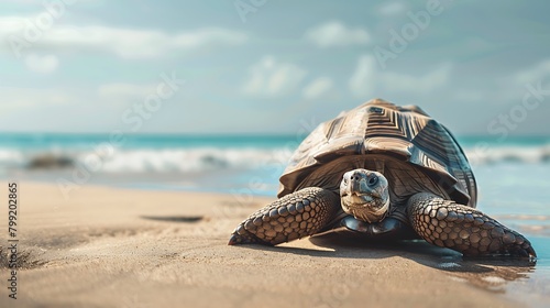 A serene image of a wise old tortoise slowly making its way across a sandy beach towards the ocean.
