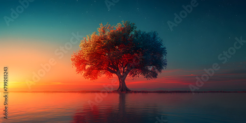 Harmonious Oasis  Tree Standing Tall Against Vibrant Gradient Background