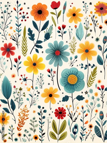 Whimsical flower doodles  unending pattern  on warm white ground    vector and illustration