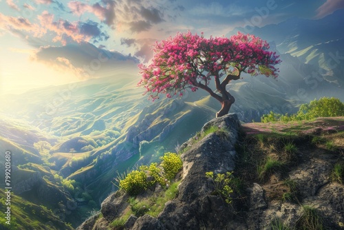 A Lonely Flowering Tree on A Rock, A Picturesque View, A Beautiful Meditative Landscape, Copy Space