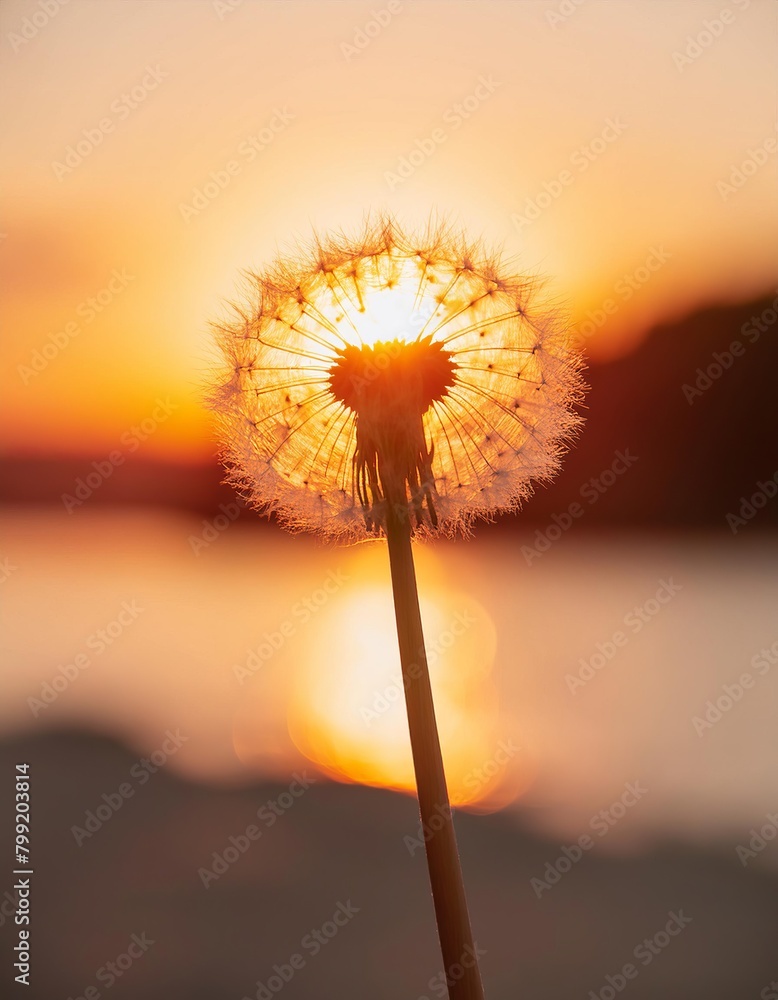 Close-up of a dandelion in front of the sun at sunset