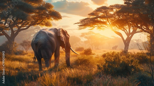 A serene scene of a wise old elephant grazing peacefully in a sunlit clearing of an African savannah. photo