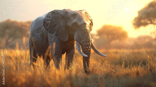 A serene scene of a wise old elephant grazing peacefully in a sunlit clearing of an African savannah.