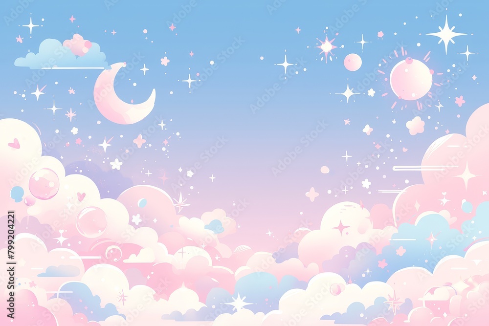 Cute pastel background with pink, blue and white clouds. A soft pastel sky with stars. 