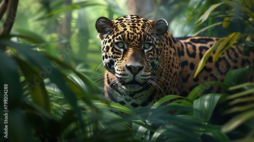 A sleek jaguar emerging stealthily from dense jungle foliage in the early morning light.