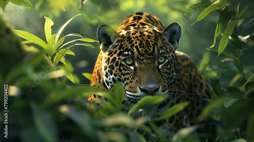 A sleek jaguar emerging stealthily from dense jungle foliage in the early morning light. photo