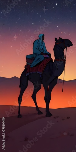 A muslim men on camel in desert