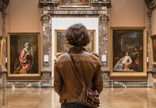 Historical Art Gallery: Woman Observing Paintings in Old Museum