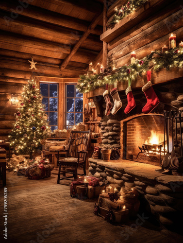 Cozy Christmas Scene with Rustic Fireplace, Stockings, and Lit Tree