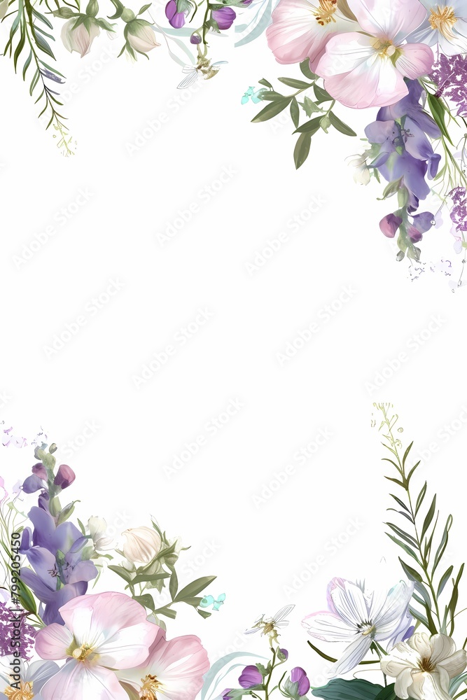 Frame decorated with purple flowers. Watercolor flower borders in vibrant hues perfect for weddings, birthdays, cards, backgrounds, invitations, and wallpapers.