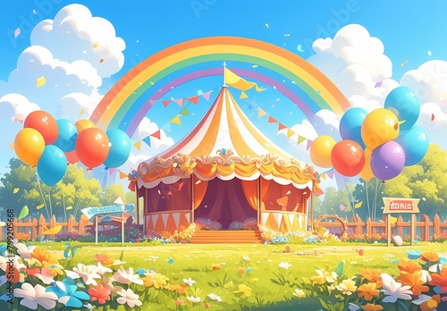 Carnival background with a circus tent, balloons and rainbow 