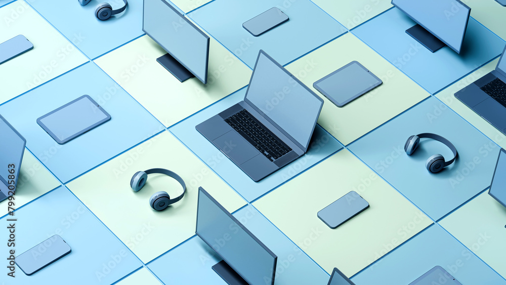 Boost Your Tech Game, Laptop, Phone, Tablet, Monitor, and Headphones on Blocks Background, 3D render Boost Your Tech Game, Laptop, Phone, Tablet, Monitor, and Headphones on Blocks Background, 3D render