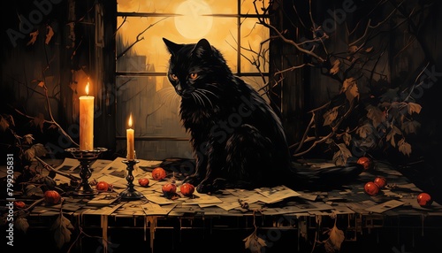 A black cat is sitting on a table in front of a window. There are two candles on the table. The cat is looking at the candles.