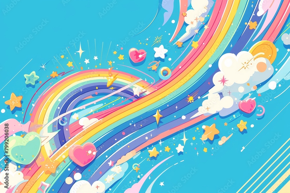 Colorful background with rainbow rays and a starry sky, using pastel colors of pink, blue, purple and yellow