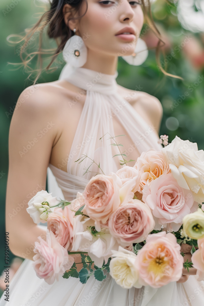 Beautiful bride in a wedding dress with a luxurious bouquet of ranunculus and roses Beautiful bride in a wedding dress with a luxurious bouquet of ranunculus and roses