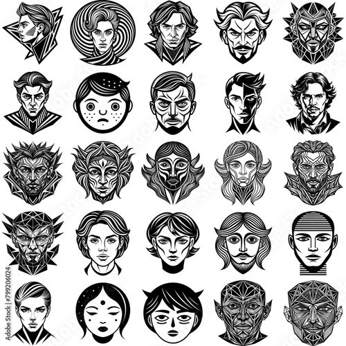 A collection of twelve distinct avatar illustrations in black and white. Each avatar features different facial expressions, hairstyles, and clothing styles, offering a diverse range of characters.