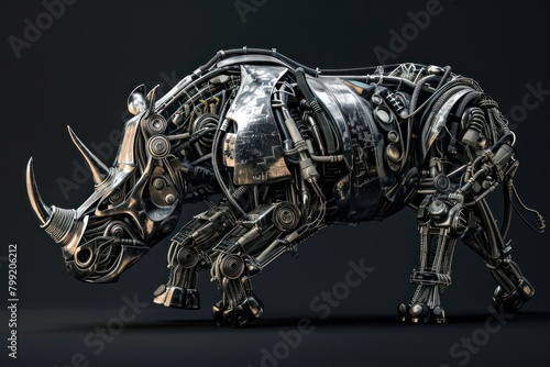 A robot rhino with a metal horn on its head. The robot rhino is walking on a dark background