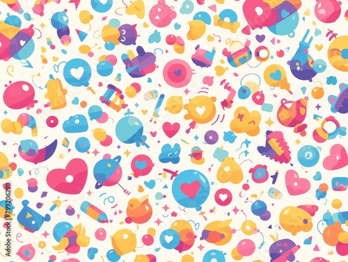 Colorful flat vector seamless pattern with colorful geometric shapes and lines, playful design elements and cute illustrations. 