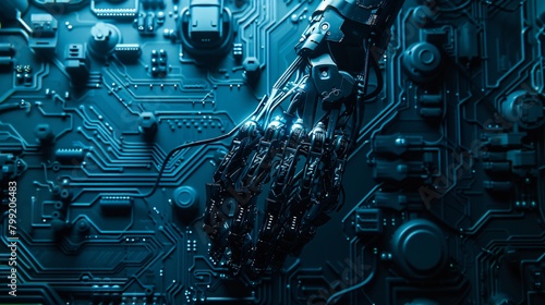 A close up of a robot hand on a circuit board.