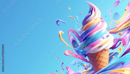 Colorful ice cream cone with colorful swirls melting over it on a blue background. 