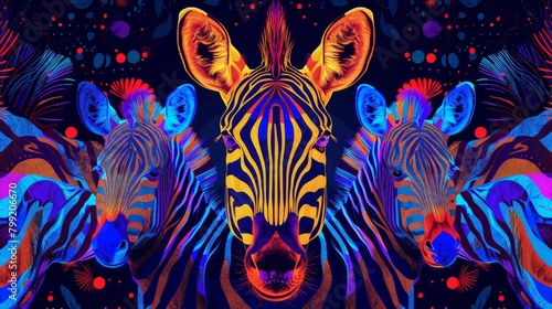 colors, including blue, green, yellow, and pink. The image is full of energy and movement, and it seems to capture the zebra's wild and untamed spirit.
