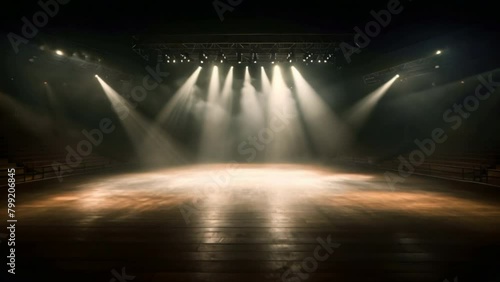 Empty stage lit by spotlights with atmospheric haze. photo