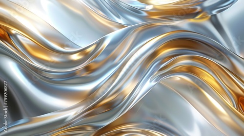 The image is a close-up of a silver and gold liquid metal surface with a wave-like pattern. photo