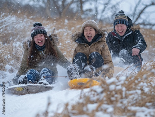 Three people are laughing and playing in the snow. One of them is on a sled. Scene is joyful and playful