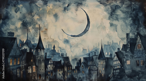 watercolour, fantasy golden Waxing Crescent - A sliver of the Moon becomes visible as a crescent on the right side, above an old town photo