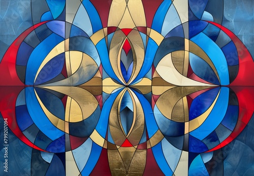 Abstract Geometric Artwork: Elegant Blue, Red, and Gold Design