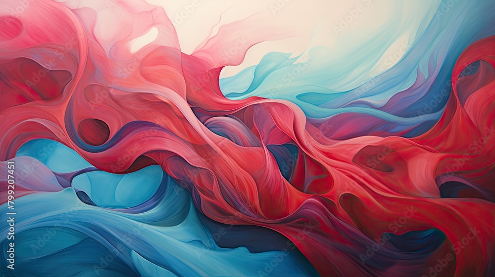Fluid waves of vibrant crimson and ocean blue, intertwining in a dynamic dance Fluid waves of vibrant crimson and ocean blue, intertwining in a dynamic dance