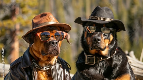 Fashion-Forward Canine Pals in Sunglasses and Hats, Rottweilers with Attitude, Quirky Pet Humor Outdoor Portrait