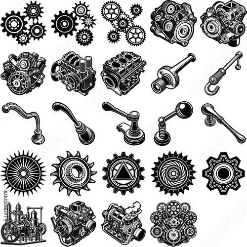 Assorted engine components such as pistons, crankshafts, spark plugs, valves, and gaskets displayed in a cluster. These parts are essential for powering machinery and vehicles.
